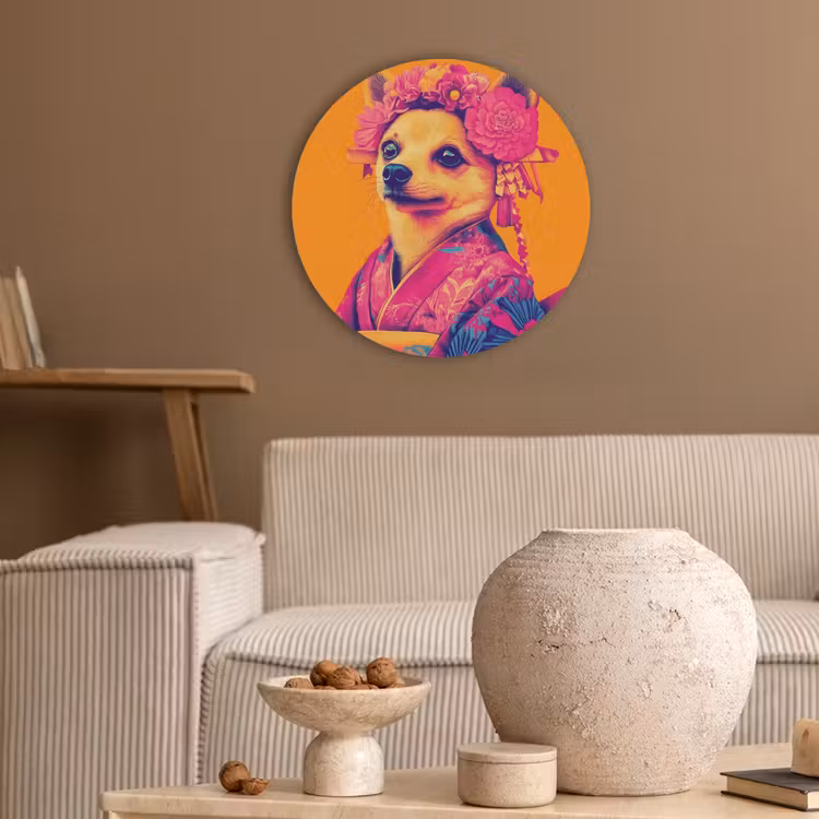 Kimono - Hondje - Bloemenkroon - Oranje Akoestische PET Vilt - Rond klein -sfeer1