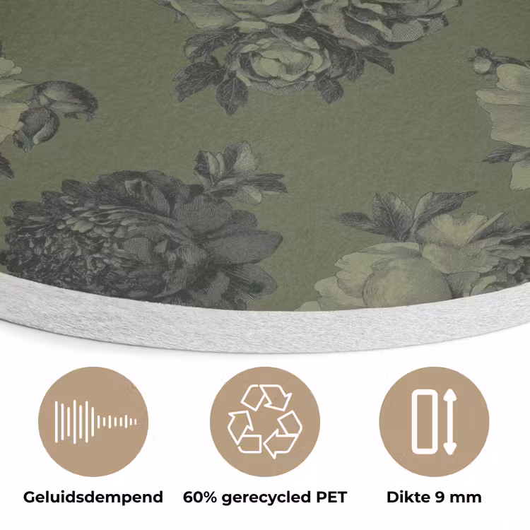 Klassiek - botanisch - olijfgroen - bloemen Akoestische PET Vilt - Rond klein 838 -closeup_NL