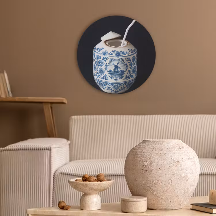 Kokosnoot - Eten - Delfts blauw - Drinken Akoestische PET Vilt - Rond klein -sfeer1