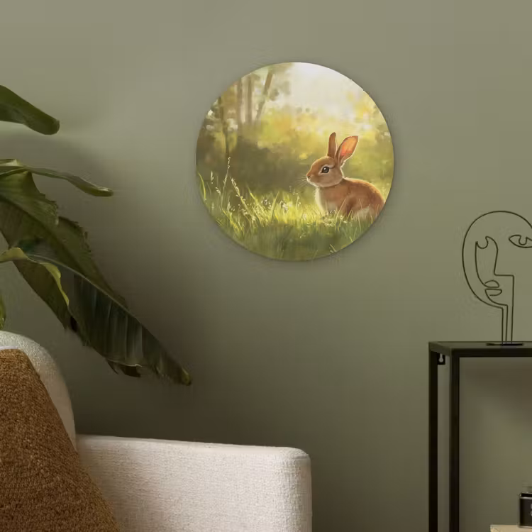 Konijn - Zonlicht - Bos Akoestische PET Vilt - Rond klein -sfeer2