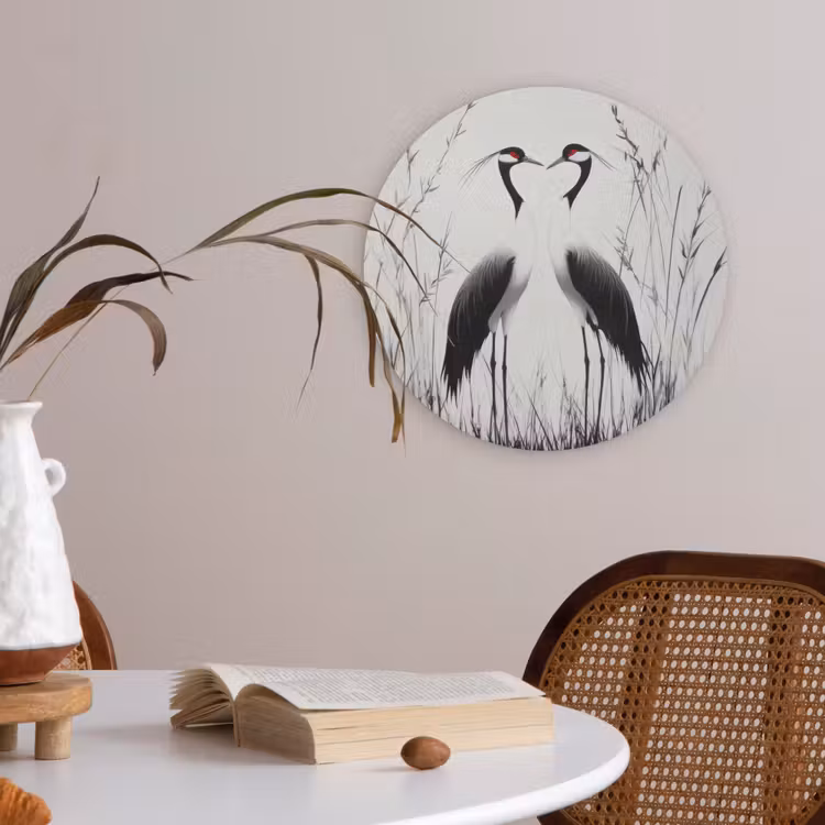 Kraanvogels - Gras - Hartvorm - Zwart Akoestische PET Vilt - Rond klein -sfeer3