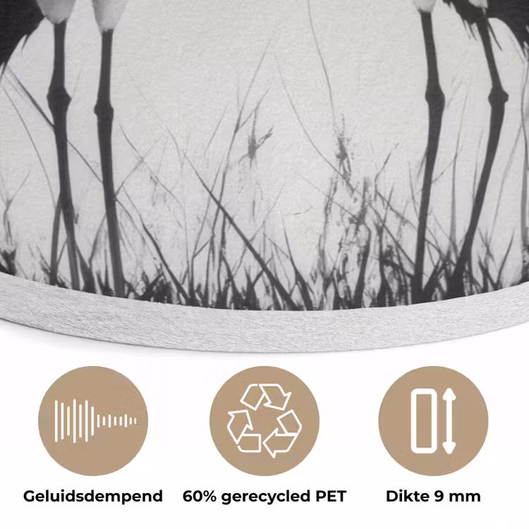 Kraanvogels - Gras - Hartvorm - Zwart Akoestische PET Vilt - Rond klein -closeup_NL