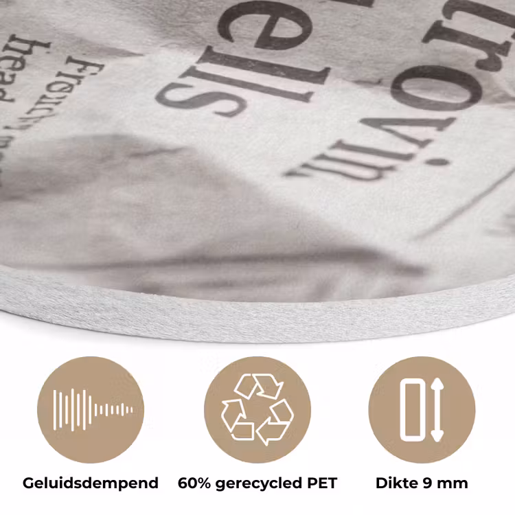 Krant - Gekreukeld - Textuur - Vintage - Zwart-wit Akoestische PET Vilt - Rond klein -closeup_NL