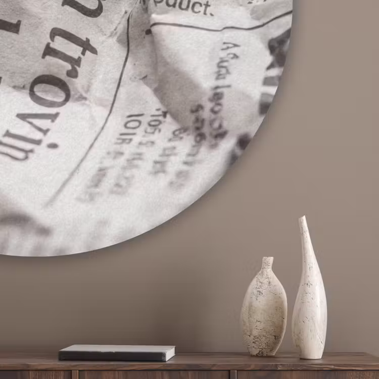 Krant - Gekreukeld - Textuur - Vintage - Zwart-wit Akoestische PET Vilt - Rond klein -sfeer5_closeup