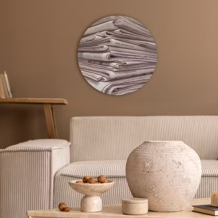 Kranten - Stapel - Nieuws - Vintage - Beige Akoestische PET Vilt - Rond klein -sfeer1