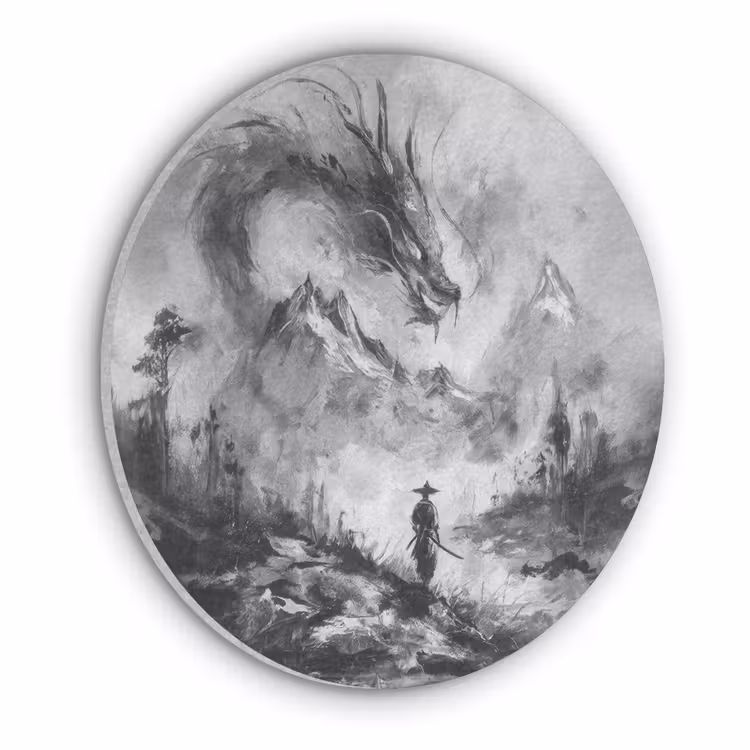 Krijger - Draak - Grijs Akoestische PET Vilt - Rond klein -3d