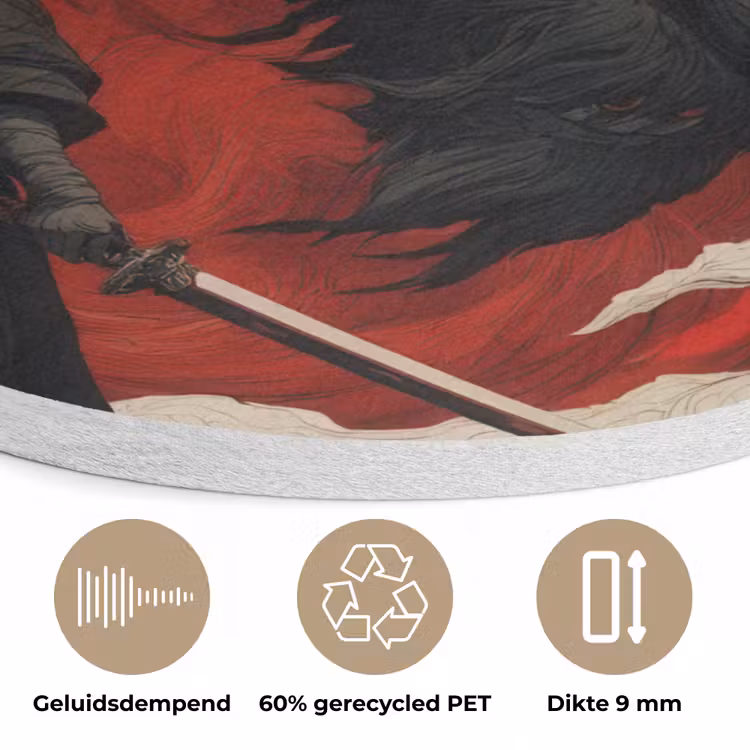 Krijger - Draak - Zwart - Rood - Rook Akoestische PET Vilt - Rond klein -closeup_NL