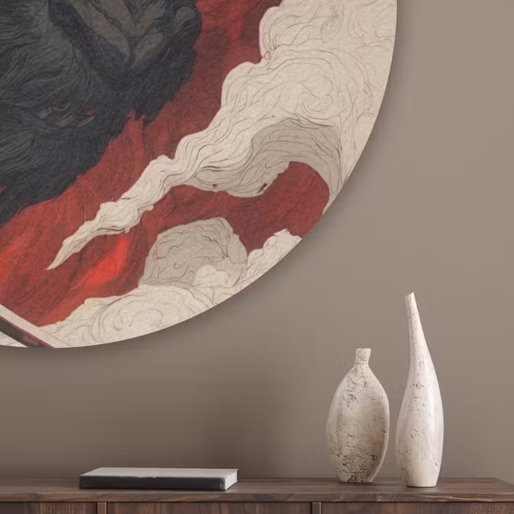 Krijger - Draak - Zwart - Rood - Rook Akoestische PET Vilt - Rond klein -sfeer5_closeup