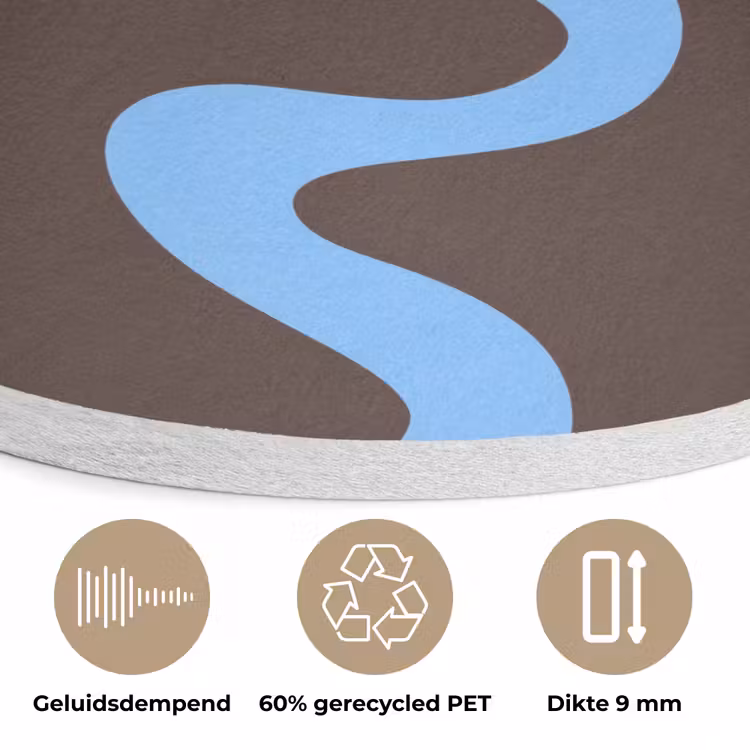 Kronkelende lijnen - Blauw - Bruin - Minimalistisch Akoestische PET Vilt - Rond klein 838 -closeup_NL