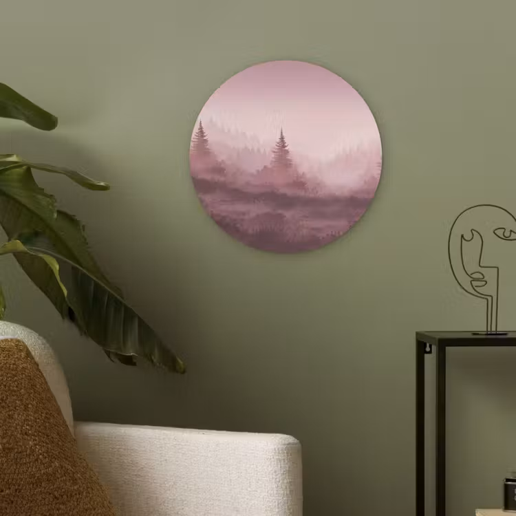 Landschap - Mistig - Roze Akoestische PET Vilt - Rond klein -sfeer2