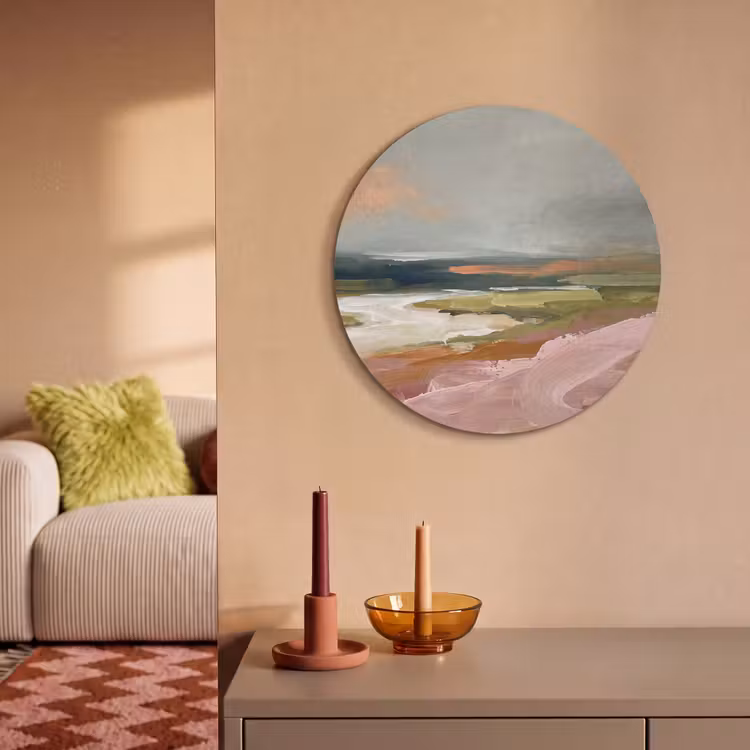 Landschap - Rivier - Abstract - Roze - Groen Akoestische PET Vilt - Rond klein -sfeer1