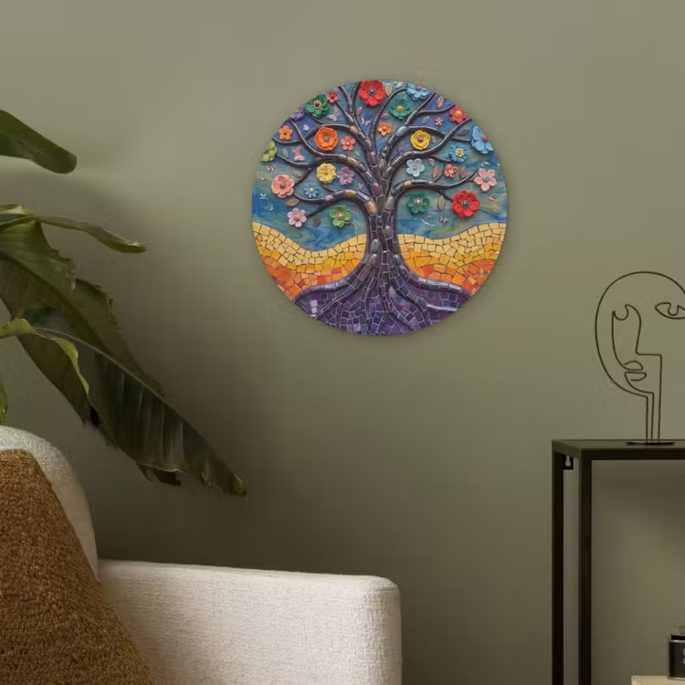 Levensboom - Mozaïek - Bloemen - Kleurrijk - Vrolijk Akoestische PET Vilt - Rond klein -sfeer2
