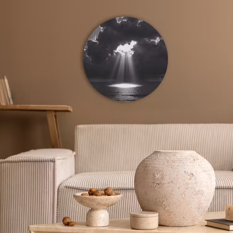 Licht - Wolken - Zee - Zwart-wit - Natuur Akoestische PET Vilt - Rond klein -sfeer1