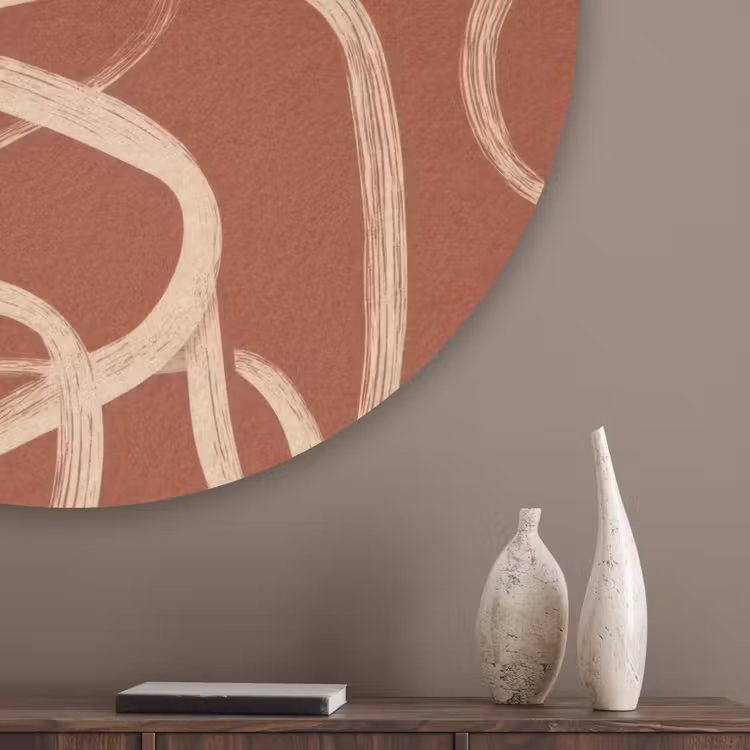 Lijnen - Abstract - Organisch - Terracotta - Crème Akoestische PET Vilt - Rond klein 838 -sfeer5_closeup