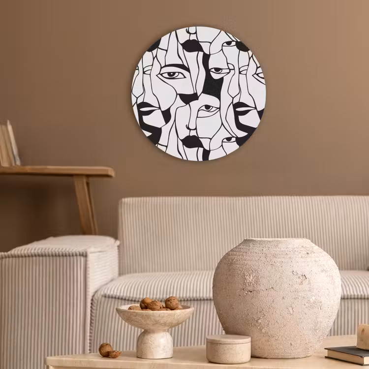 Lijnen - Gezichten - Zwart - Wit Akoestische PET Vilt - Rond klein 838 -sfeer1