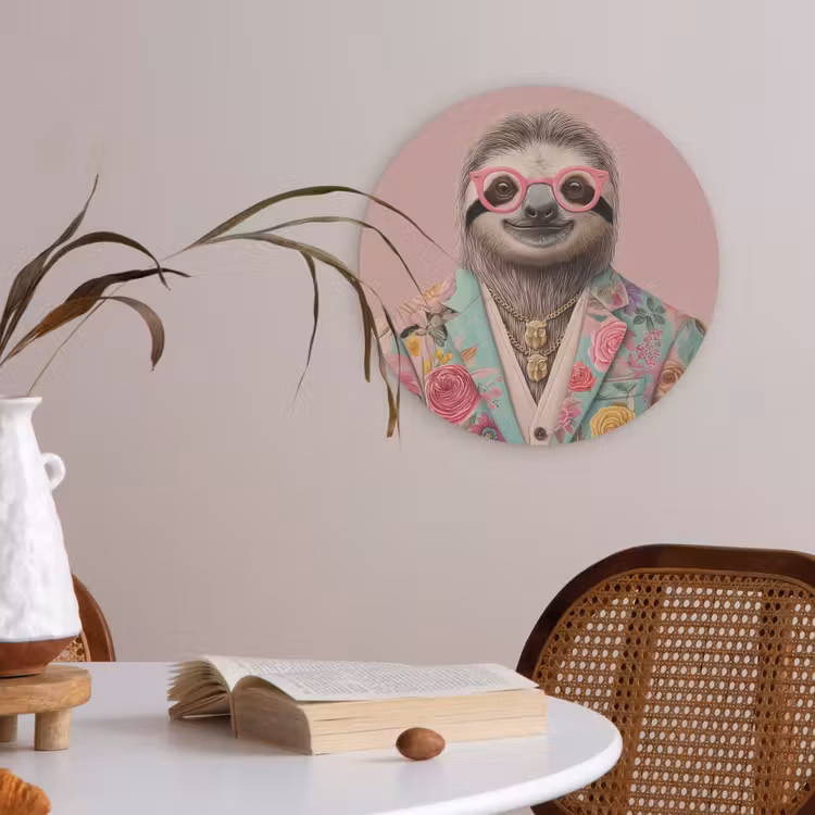 Luiaard - Bloemenprint - Bril - Roze Akoestische PET Vilt - Rond klein -sfeer3