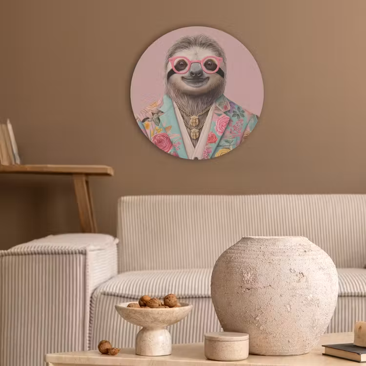 Luiaard - Bloemenprint - Bril - Roze Akoestische PET Vilt - Rond klein -sfeer1