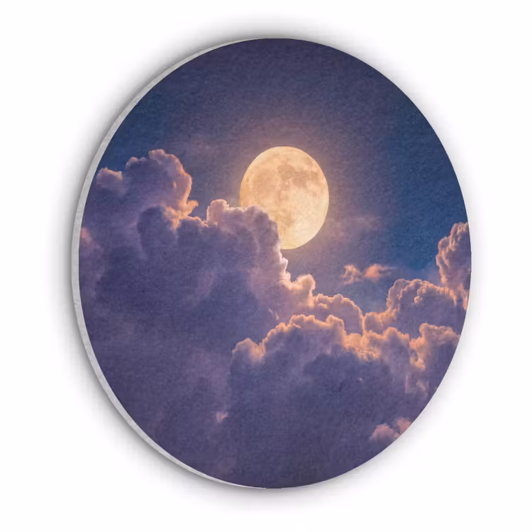 Maan - Wolken - Nacht - Oranje Akoestische PET Vilt - Rond klein -3d