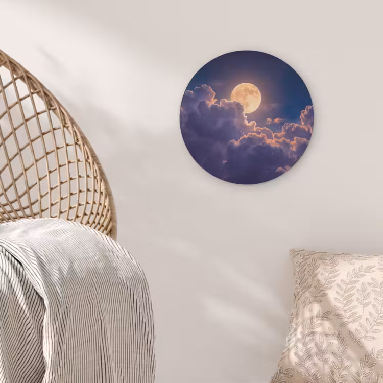 Maan - Wolken - Nacht - Oranje Akoestische PET Vilt - Rond klein -sfeer4
