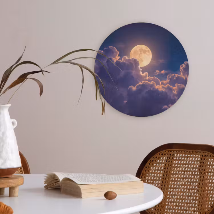 Maan - Wolken - Nacht - Oranje Akoestische PET Vilt - Rond klein -sfeer3