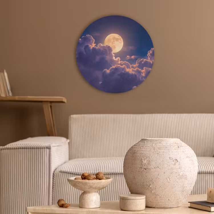 Maan - Wolken - Nacht - Oranje Akoestische PET Vilt - Rond klein -sfeer1