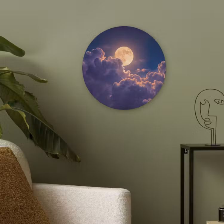 Maan - Wolken - Nacht - Oranje Akoestische PET Vilt - Rond klein -sfeer2