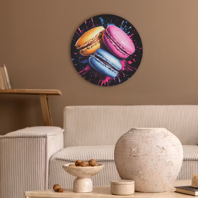 Macarons - Dessert - Graffiti - Kleurrijk - Roze - Blauw - Geel Akoestische PET Vilt - Rond klein -sfeer1