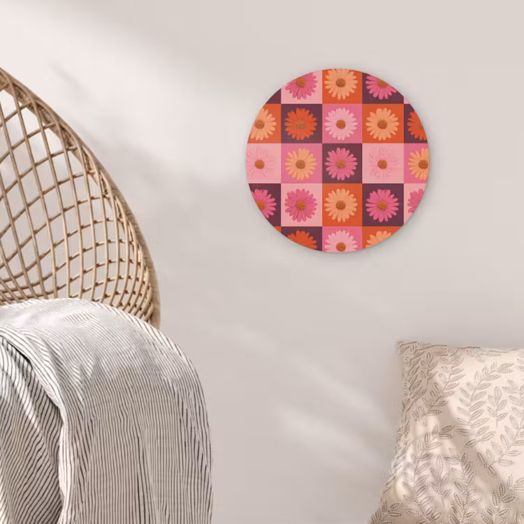 Madeliefjes - Dambord - Retro - Roze - Oranje Akoestische PET Vilt - Rond klein 838 -sfeer4