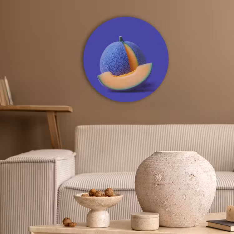 Meloen - Blauw - Oranje - Kunstzinnig Akoestische PET Vilt - Rond klein -sfeer1