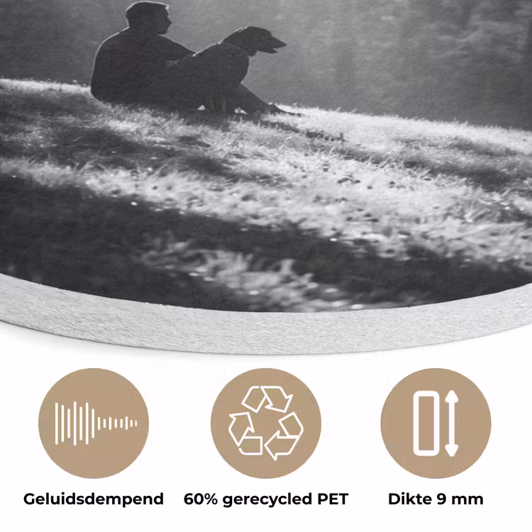 Mens - Hond - Natuur - Zwart-wit - Silhouet Akoestische PET Vilt - Rond klein -closeup_NL