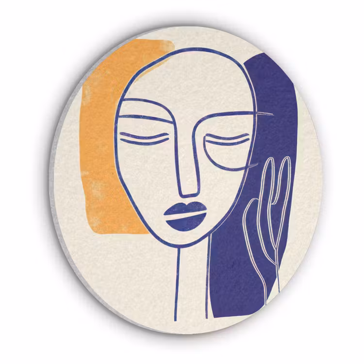 Minimalistisch - Gezicht - Hand - Oranje - Blauw Akoestische PET Vilt - Rond klein -3d