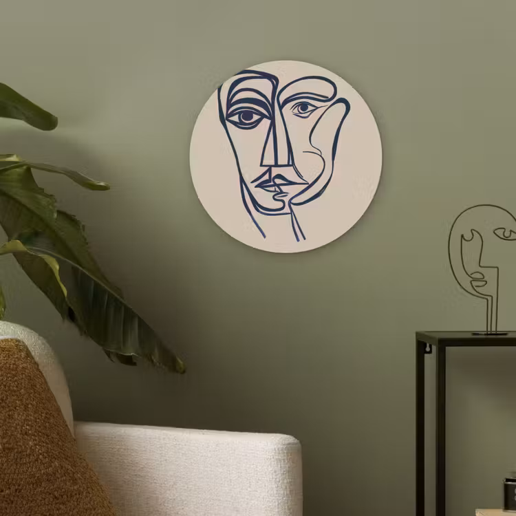 Minimalistisch - Lijnillustratie - Beige - Donkerblauw Akoestische PET Vilt - Rond klein -sfeer2