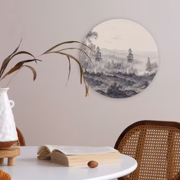 Mistig - Berglandschap - Illustratie Akoestische PET Vilt - Rond klein -sfeer3