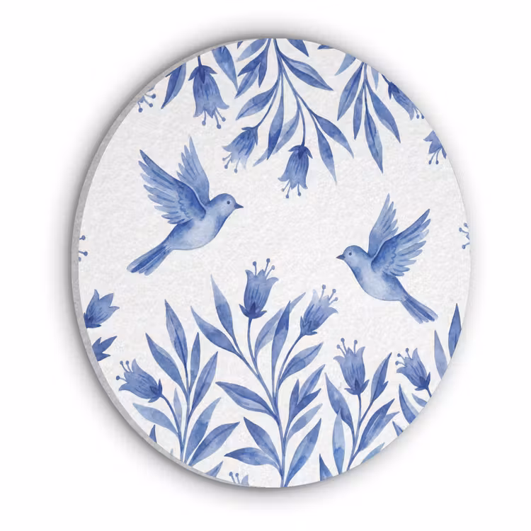 Modern - Vogels - Delfts - Blauw Akoestische PET Vilt - Rond klein -3d