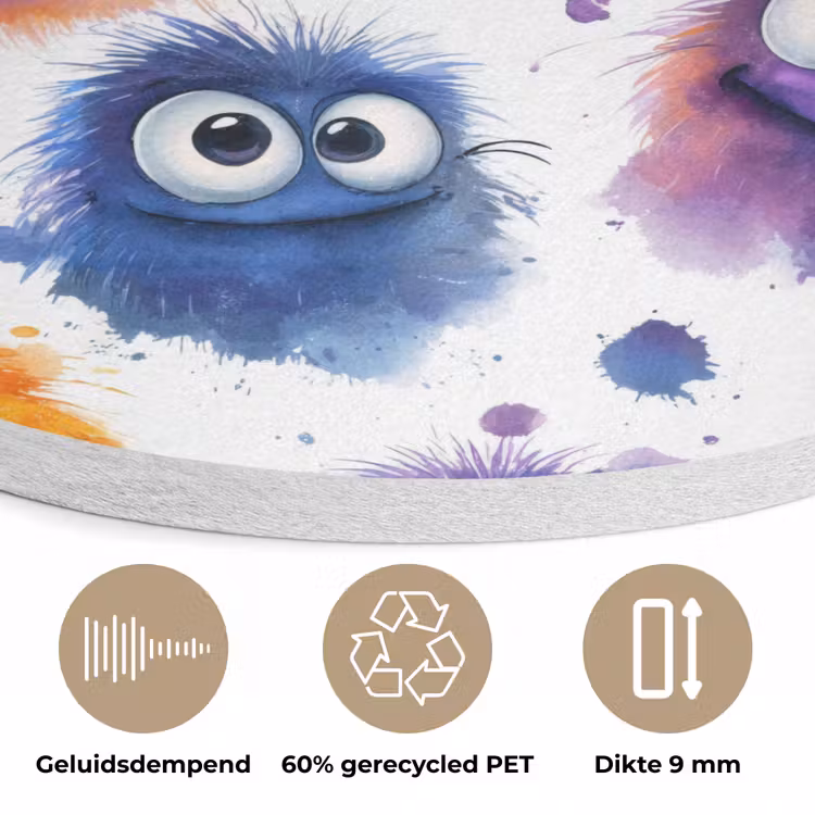 Monstertjes - Aquarel - Kleurrijk Akoestische PET Vilt - Rond klein 838 -closeup_NL