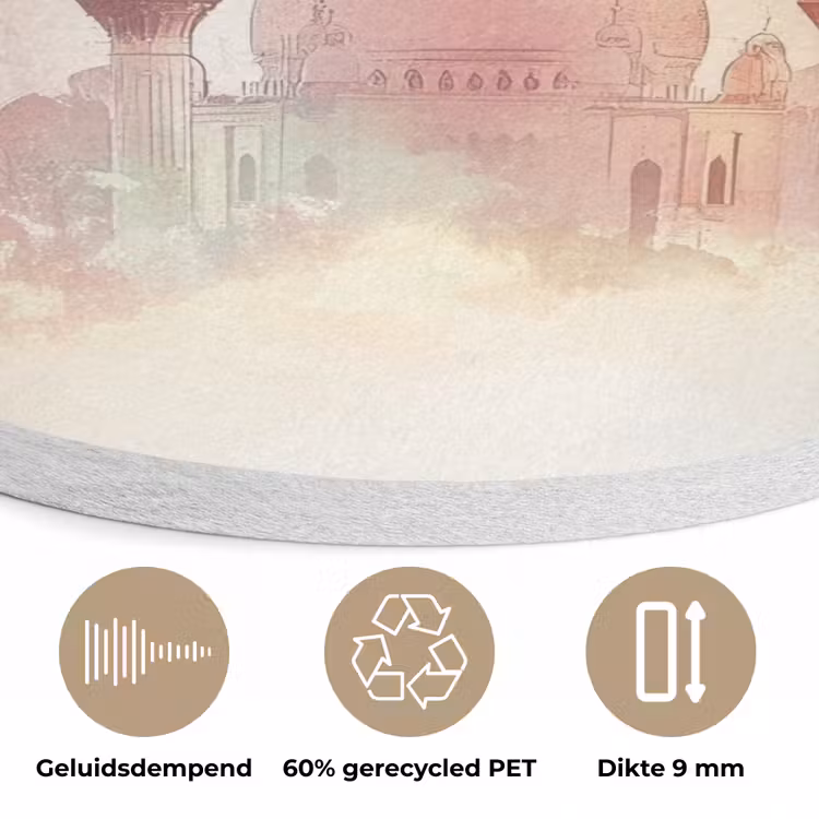 Moskee - Kleurrijke wolken - Arabisch - Ramadan - Islamitische Akoestische PET Vilt - Rond klein -closeup_NL