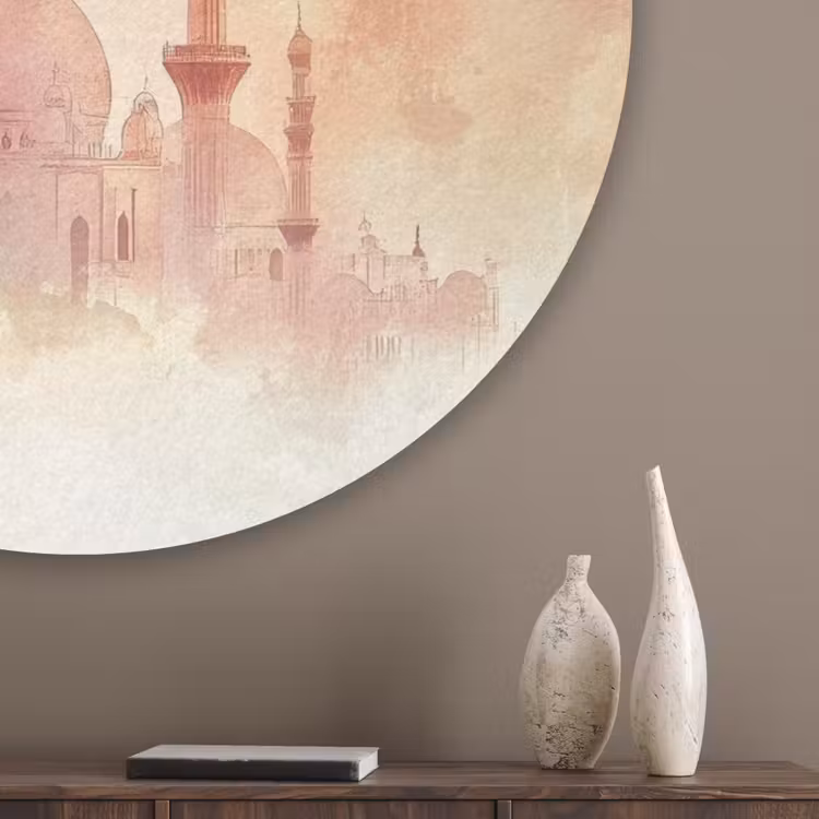 Moskee - Kleurrijke wolken - Arabisch - Ramadan - Islamitische Akoestische PET Vilt - Rond klein -sfeer5_closeup
