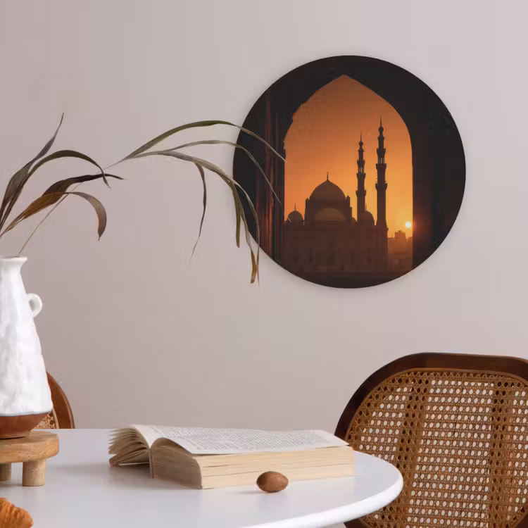 Moskee - Oranje lucht - Islamitisch Akoestische PET Vilt - Rond klein -sfeer3