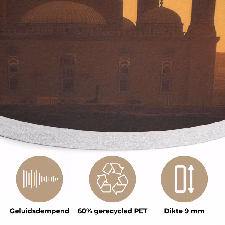 Moskee - Oranje lucht - Islamitisch Akoestische PET Vilt - Rond klein -closeup_NL
