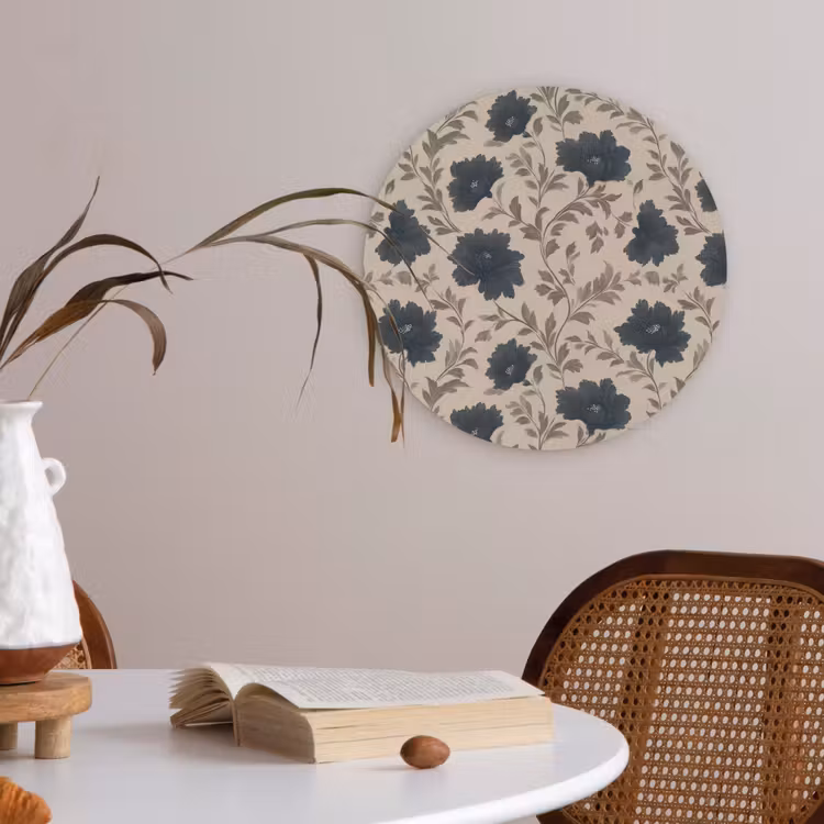 Motief - Bloemen - Zwart - Beige Akoestische PET Vilt - Rond klein 838 -sfeer3