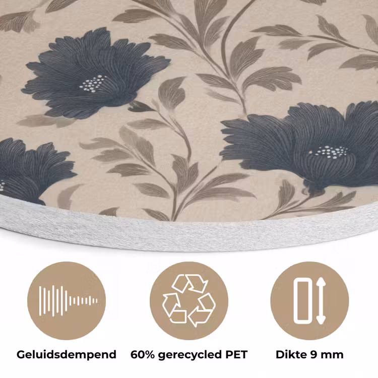 Motief - Bloemen - Zwart - Beige Akoestische PET Vilt - Rond klein 838 -closeup_NL