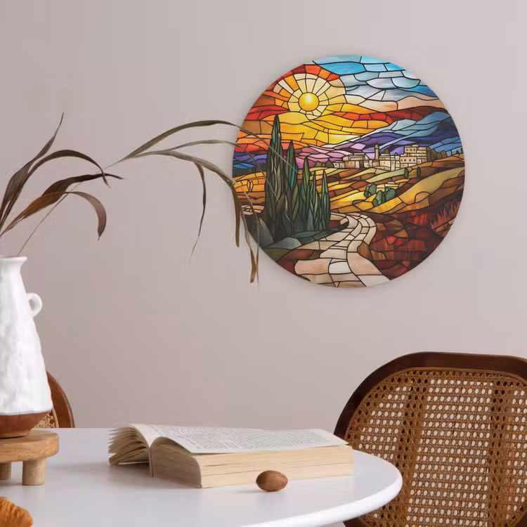 Mozaïek - Zon - Landschap - Dorp Akoestische PET Vilt - Rond klein -sfeer3