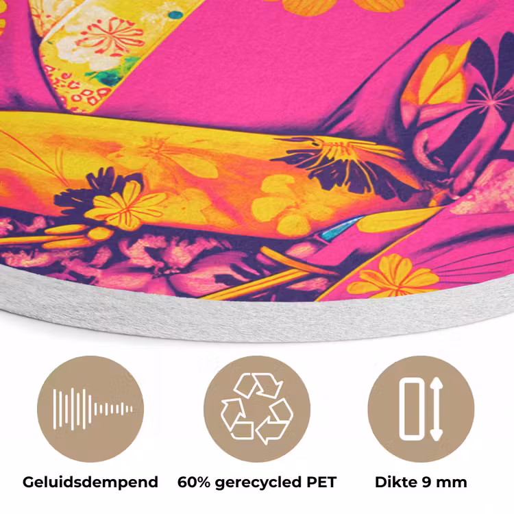 Muis - Kimono - Bloemen - Blauw Akoestische PET Vilt - Rond klein -closeup_NL