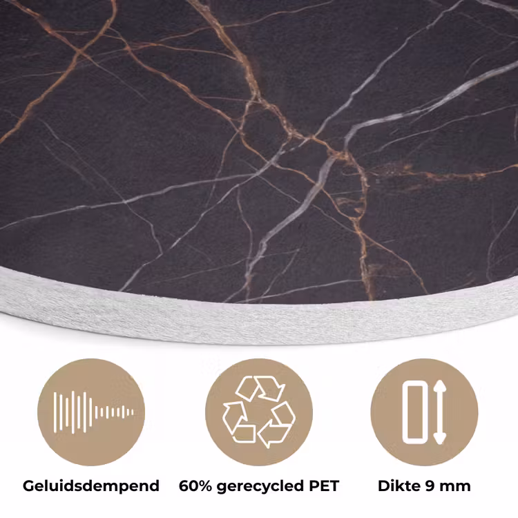 Natuursteen - Marmerpatroon - Abstract - Modern - Zwart - Goud Akoestische PET Vilt - Rond klein -closeup_NL