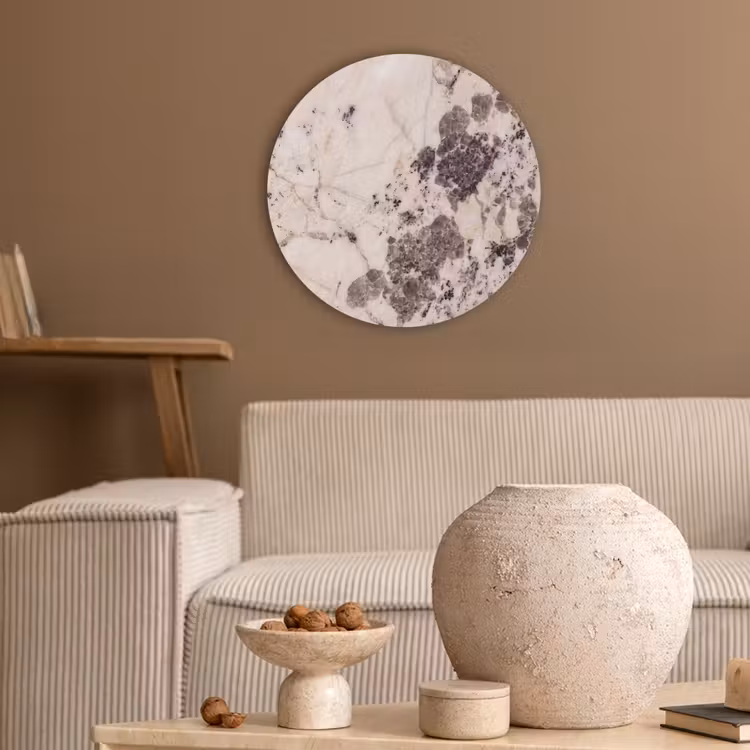 Natuursteen - Patroon - Abstract - Beige - Grijs Akoestische PET Vilt - Rond klein -sfeer1
