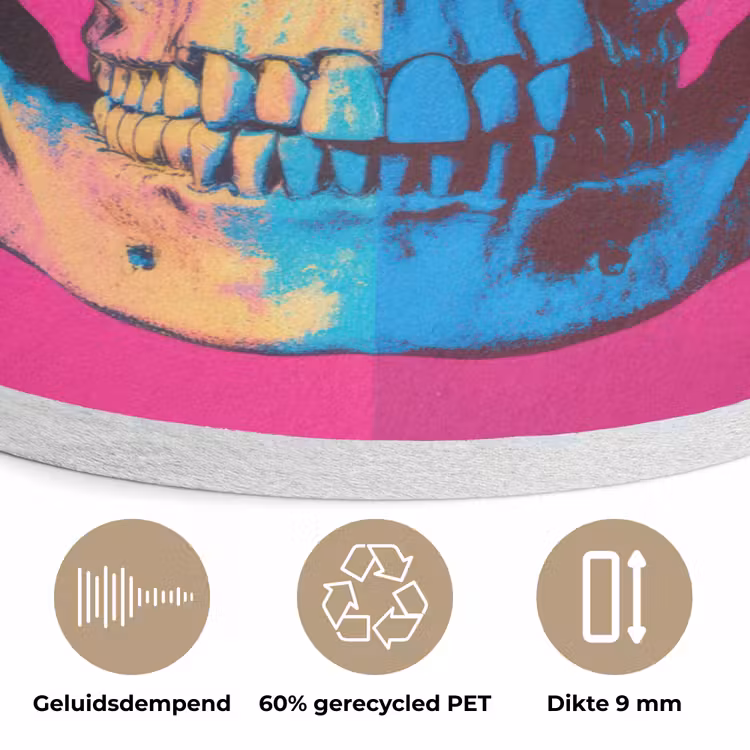 Neon - Blauw - Pop-art - Schedel Akoestische PET Vilt - Rond klein -closeup_NL