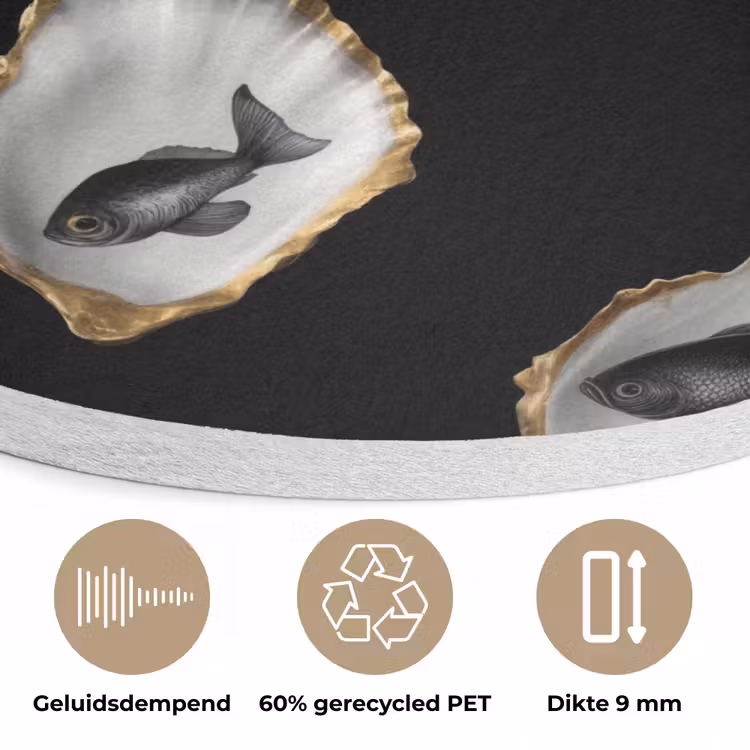 Oesters - Zwart - Vissen - Goud Akoestische PET Vilt - Rond klein -closeup_NL