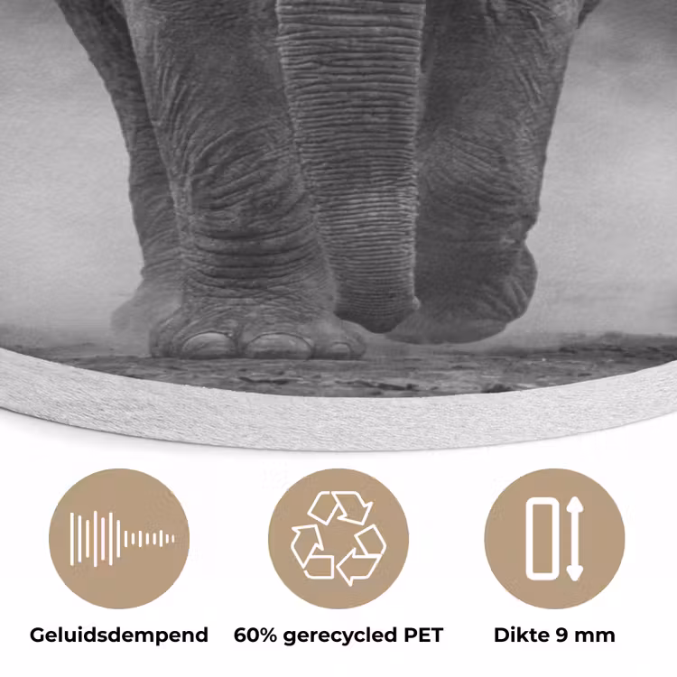 Olifant - Zwart - Wit - Rook Akoestische PET Vilt - Rond klein -closeup_NL