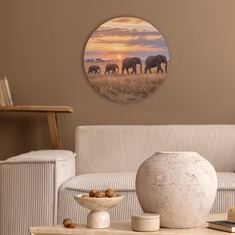 Olifanten - Savanne - Zonsondergang - Afrika - Warm Akoestische PET Vilt - Rond klein -sfeer1