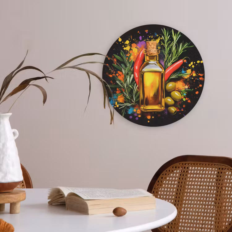 Olijfolie - Graffiti - Peper - Olijven - Modern Akoestische PET Vilt - Rond klein -sfeer3